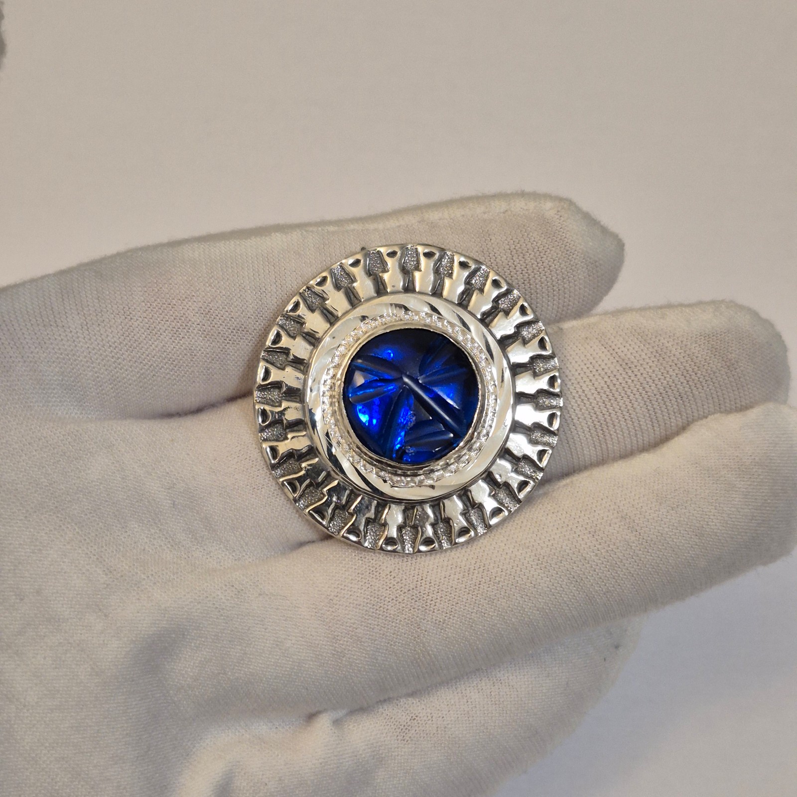 Vintage Mexico Sterling Silver Brooch Pendant - Blue Glass Goddess Face Design