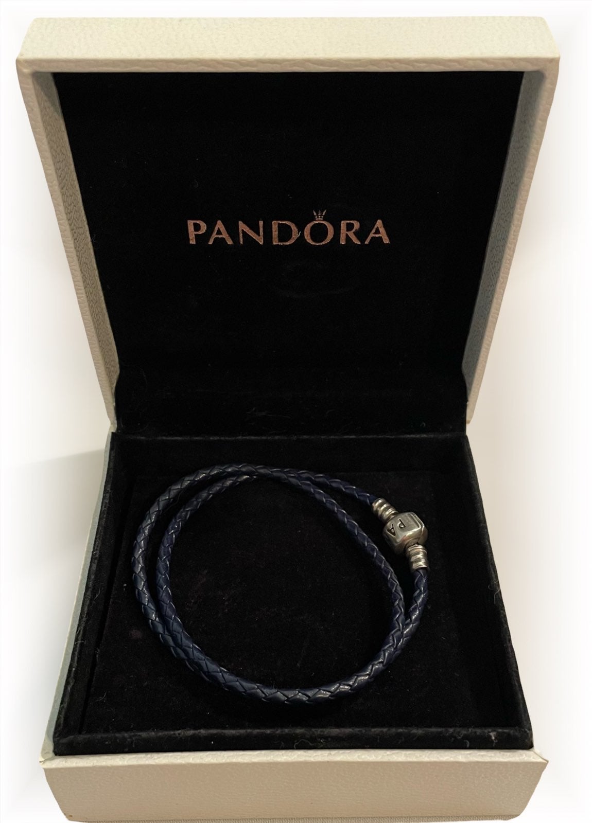 Pandora, double wrap, navy blue, braided leather, bracelet box included