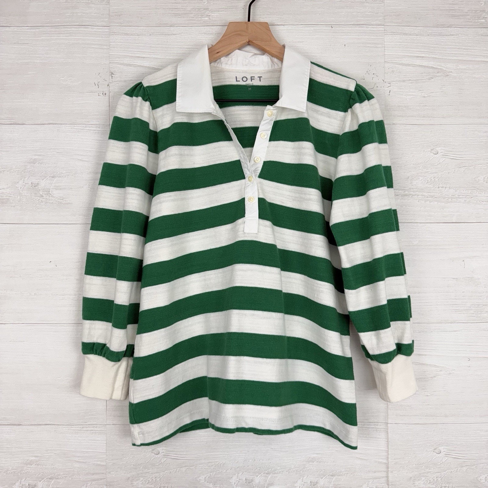 Ann Taylor LOFT Rugby Stripe Shirt Women M Green Puff Sleeve Cotton Collared