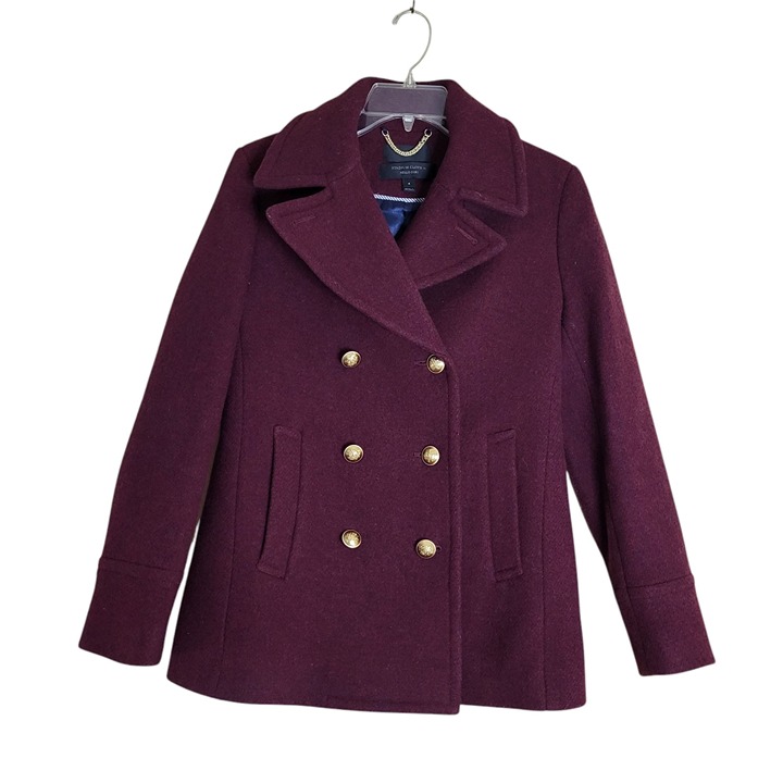 J. Crew Stadium Cloth by Nello Gori Pea Coat Size 4 Merlot Burgundy Wool Blend