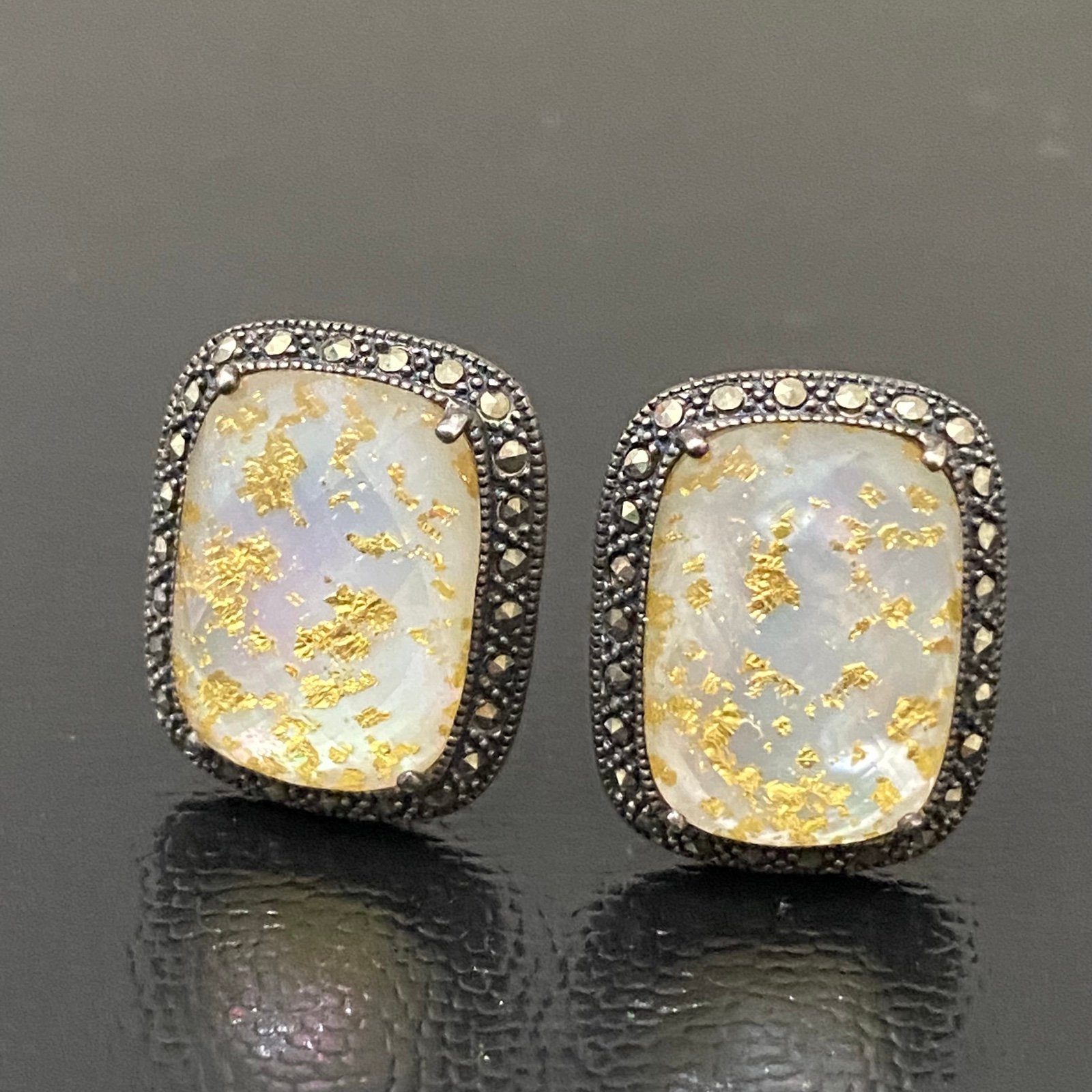 Lavish by TJM 925 Sterling Silver Crystal & MOP Marcasite Doublet Frame Earrings