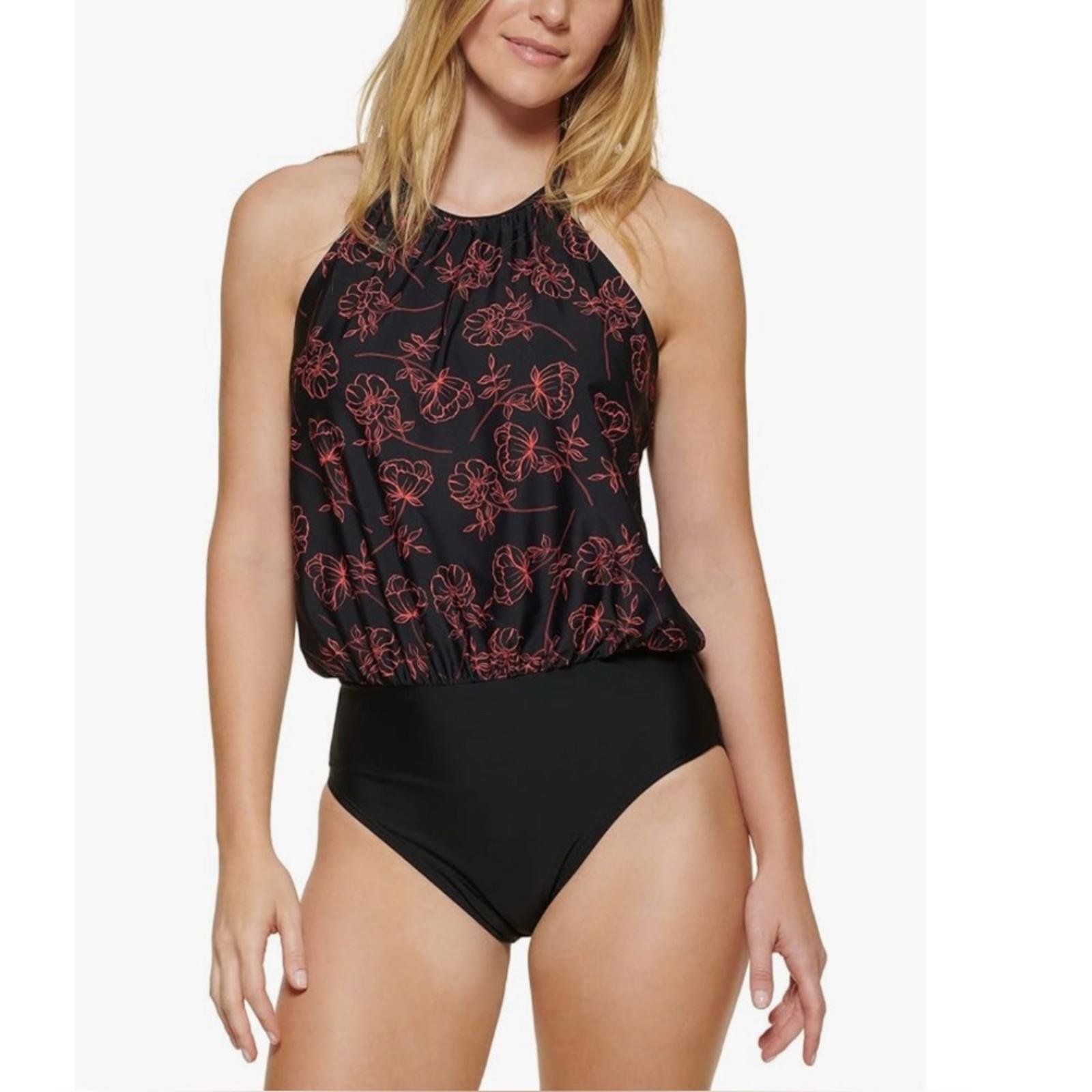 Calvin Klein High Neck Halter Blouson in Black/Red, Size 8 NEW w/Tag 118