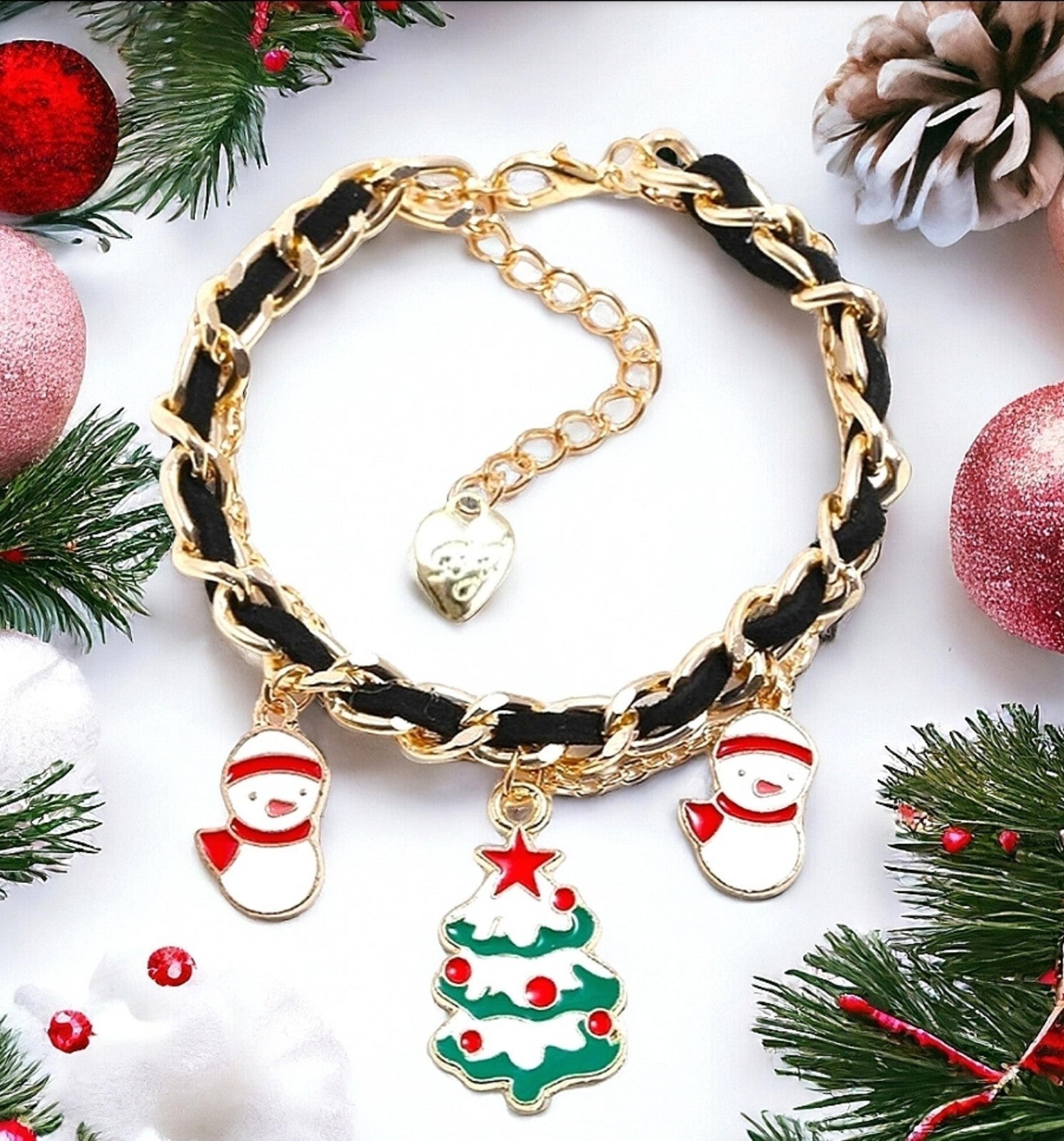 #1745 Gold-plated braided Christmas Tree / Snowman charm bracelet