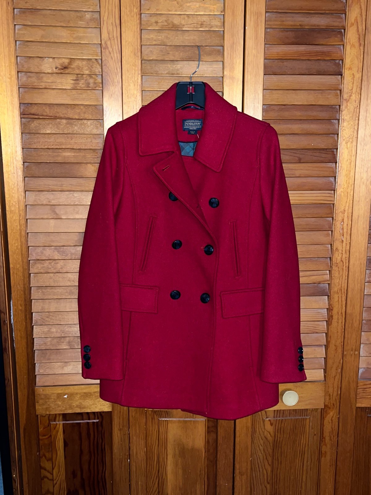 Red Pendleton woolen peacoat