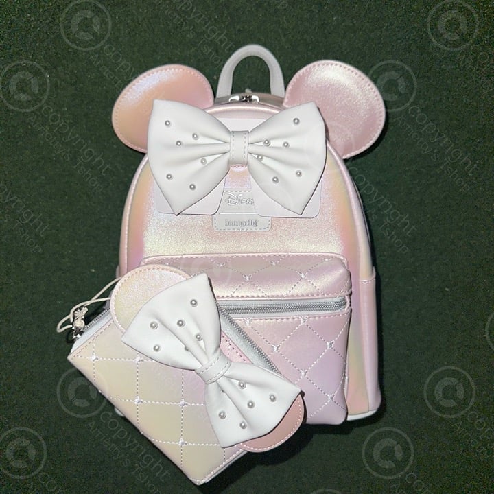 Loungefly Disney Minnie Mouse Pink Pearl Mini Backpack with matching wallet