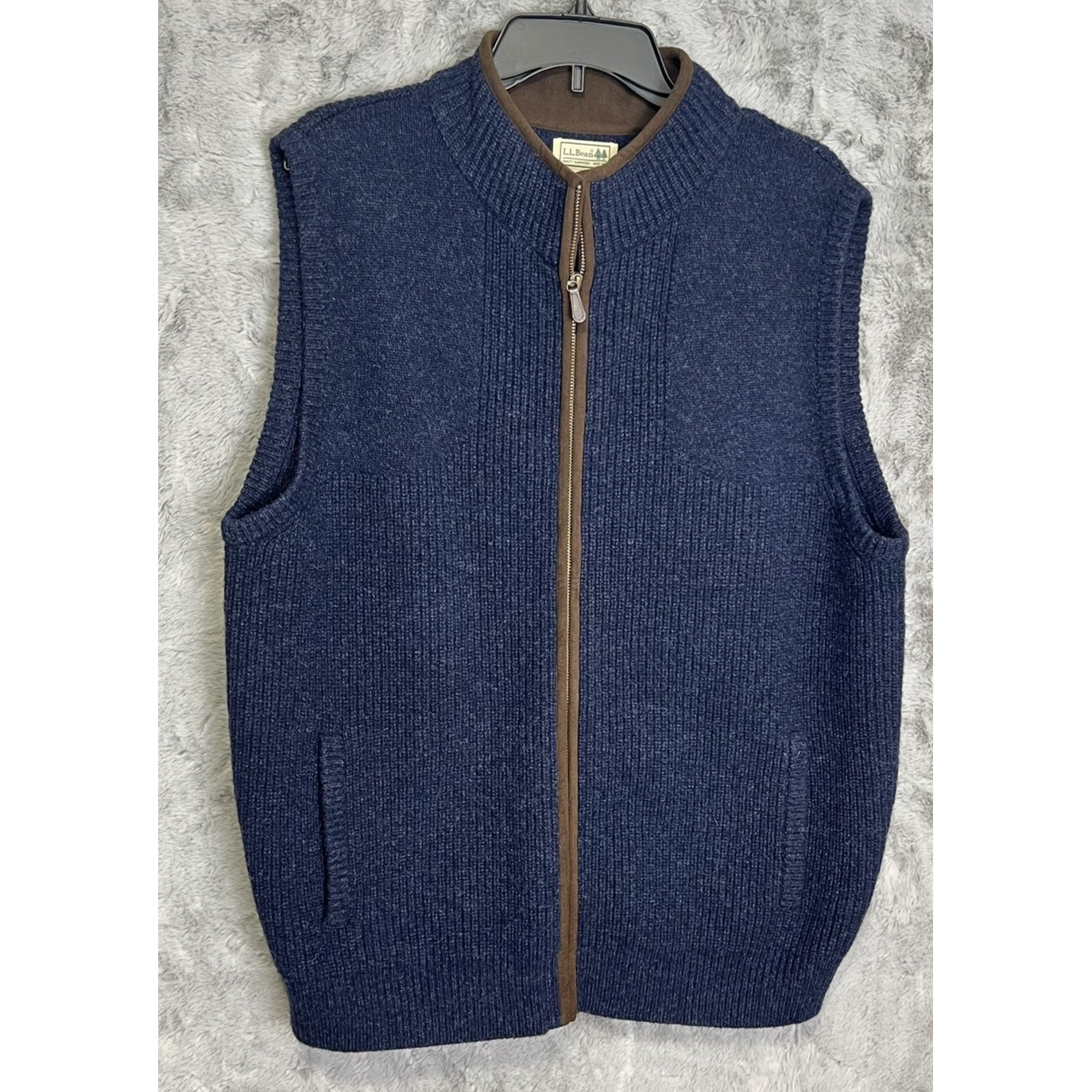 LL Bean Waterfowl Sweater Merino Wool Full Zip Vest Mens Size Large Blue 0FGX9