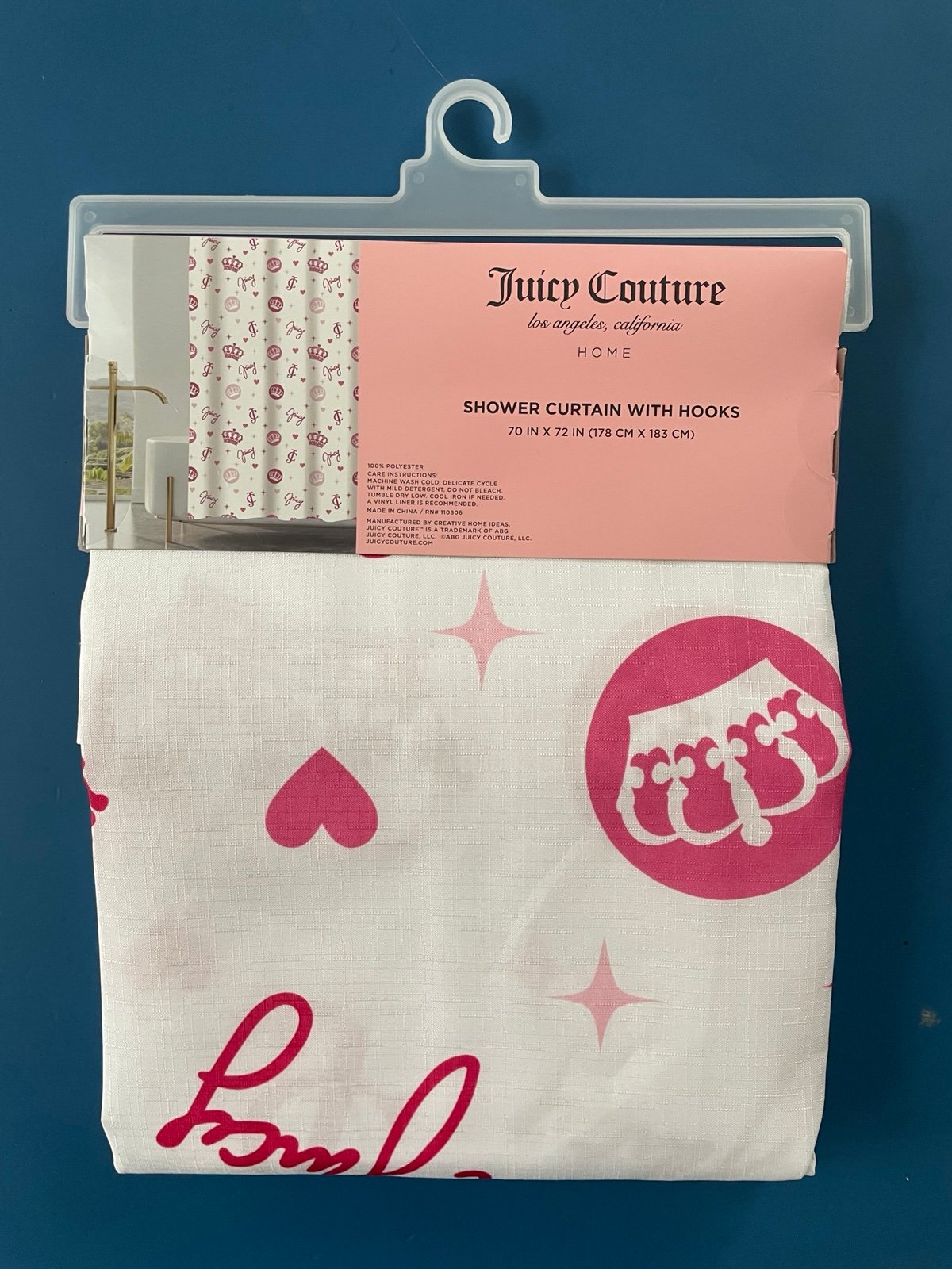 Juicy Couture Fabric Shower Curtain with Hooks Crowns JC White/Pink