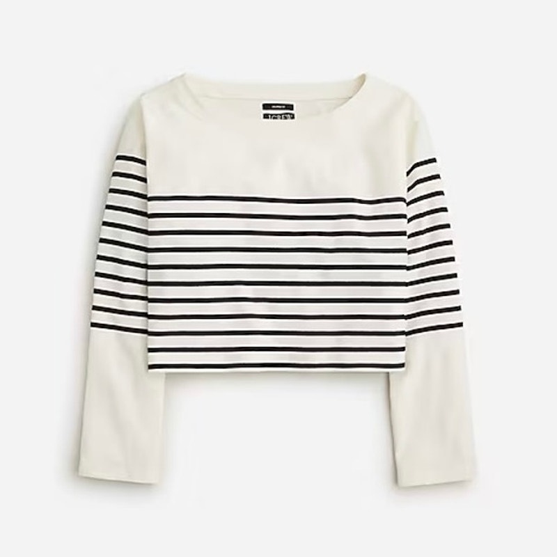 NWT J.Crew Cropped Boatneck Top in Mariner Cotton Cream Black Size Large
