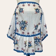 Vintage Half Apron Handkerchief Blue Floral Tie Waist Retro Twee Hostess White