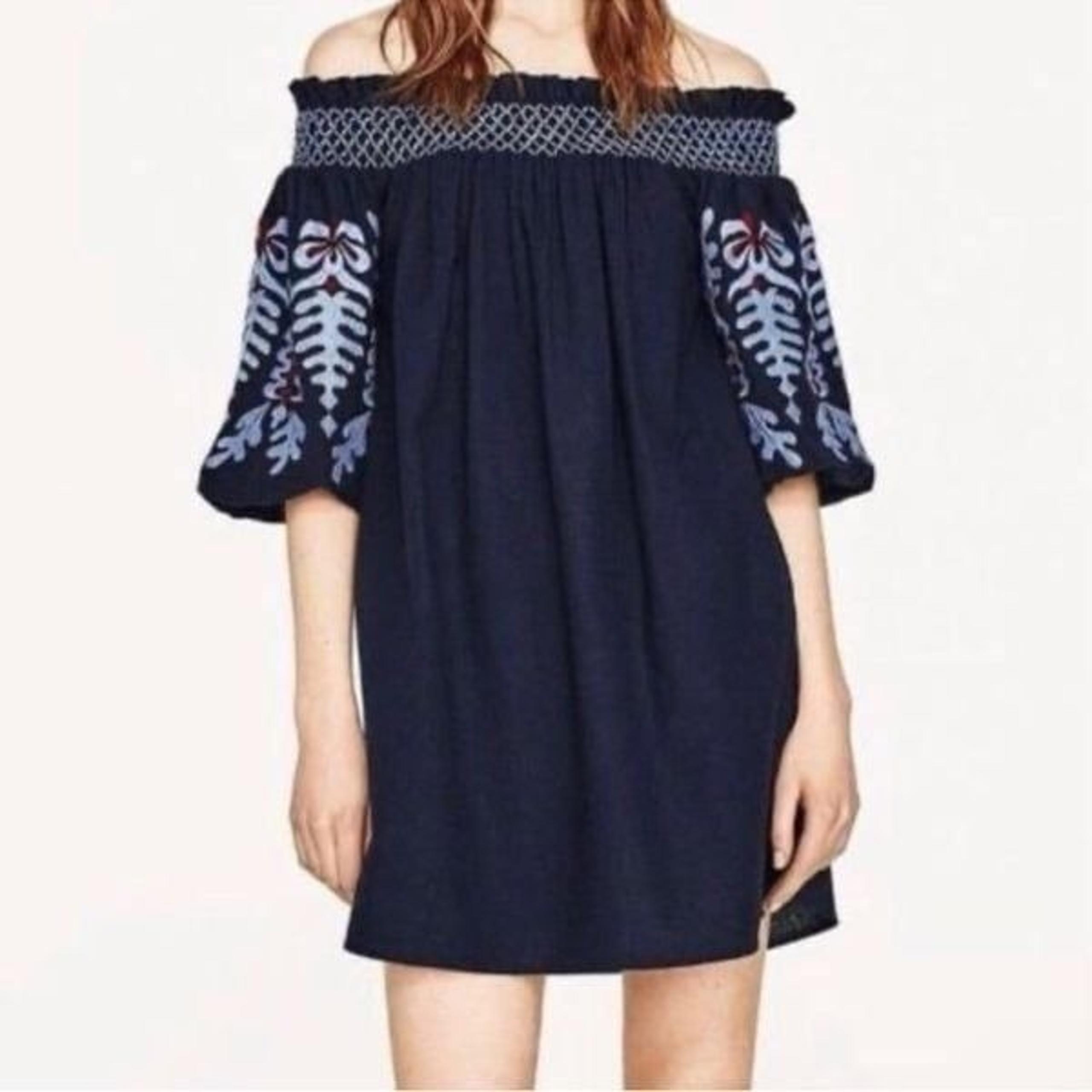 ZARA | Blumenmuster Navy Blue Off the Shoulder Embroidered Dress Women’s Size S