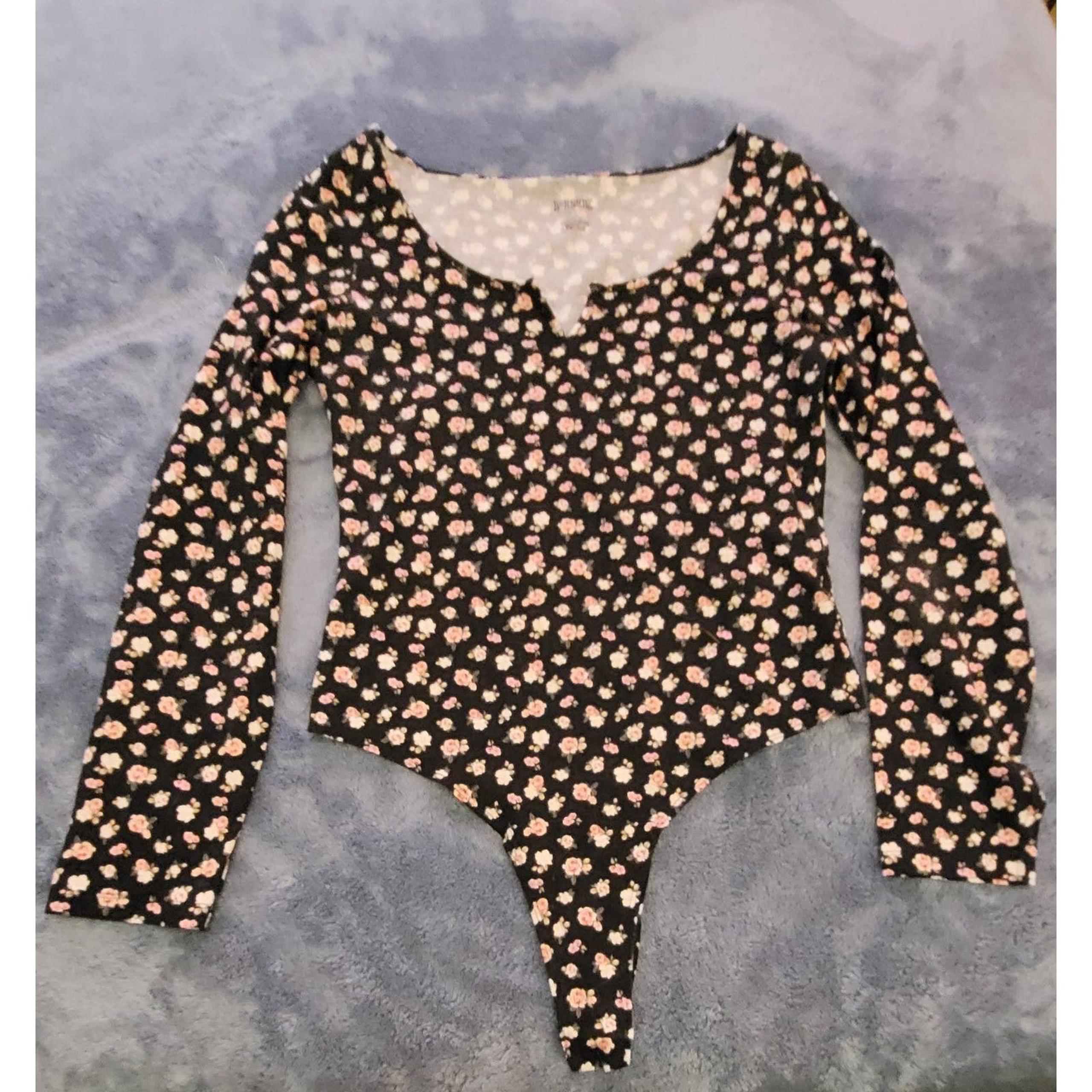PINK Victoria's Secret Womens Medium Bodysuit Black Floral Design Long Sleeve
