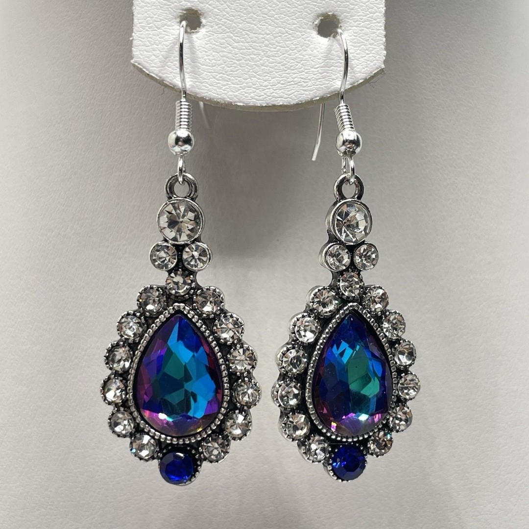 Stunning Silver Tone AB Purple Glass Rhinestone Teardrop Earrings Statement Boho