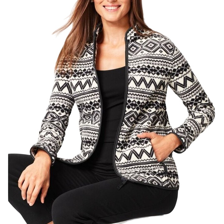 Talbots Geo-Print Fair Isle Polar Fleece Jacket Black & White Size L