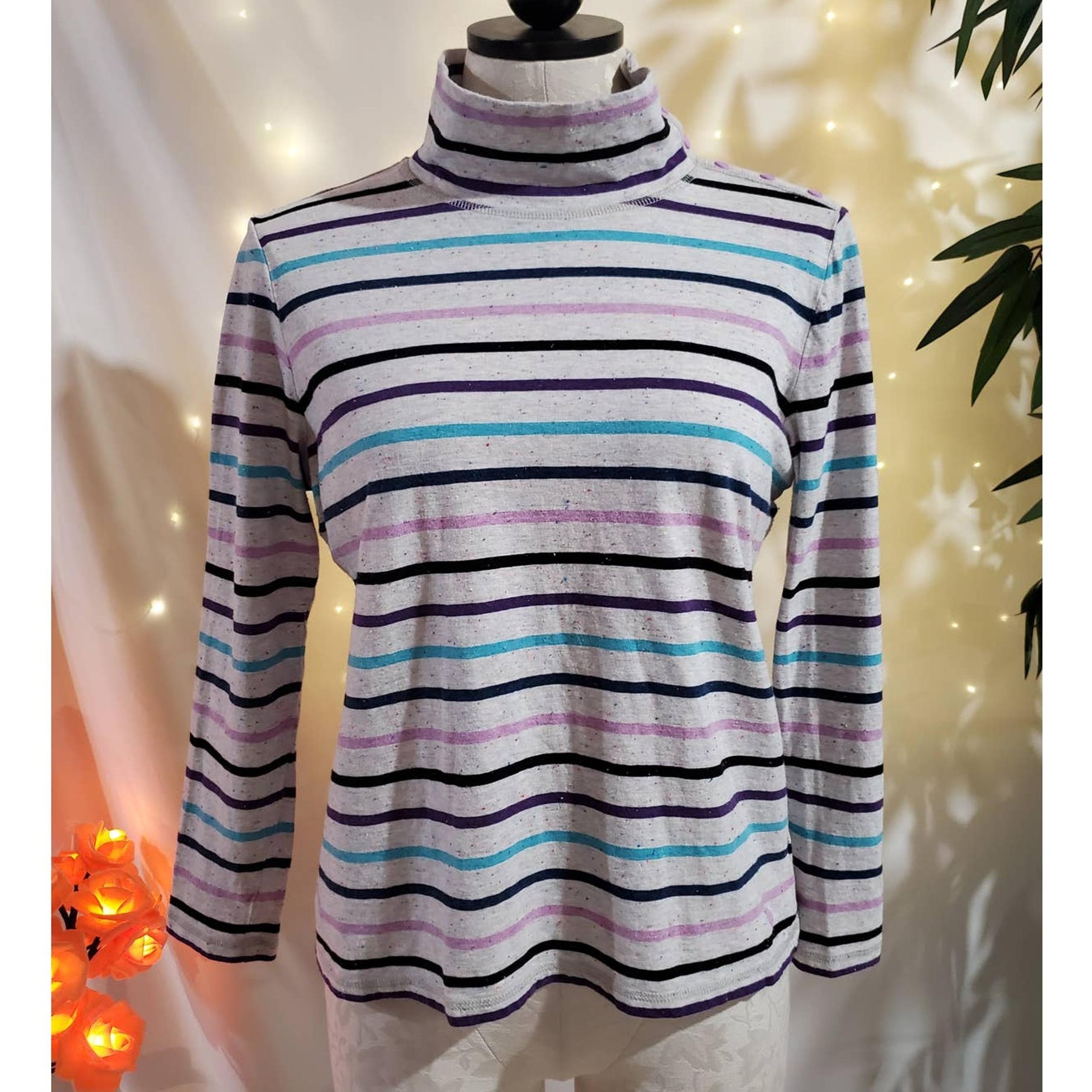 T by Talbots Confetti Speckle Striped Mock Neck Long Sleeve Top Womens Size MP