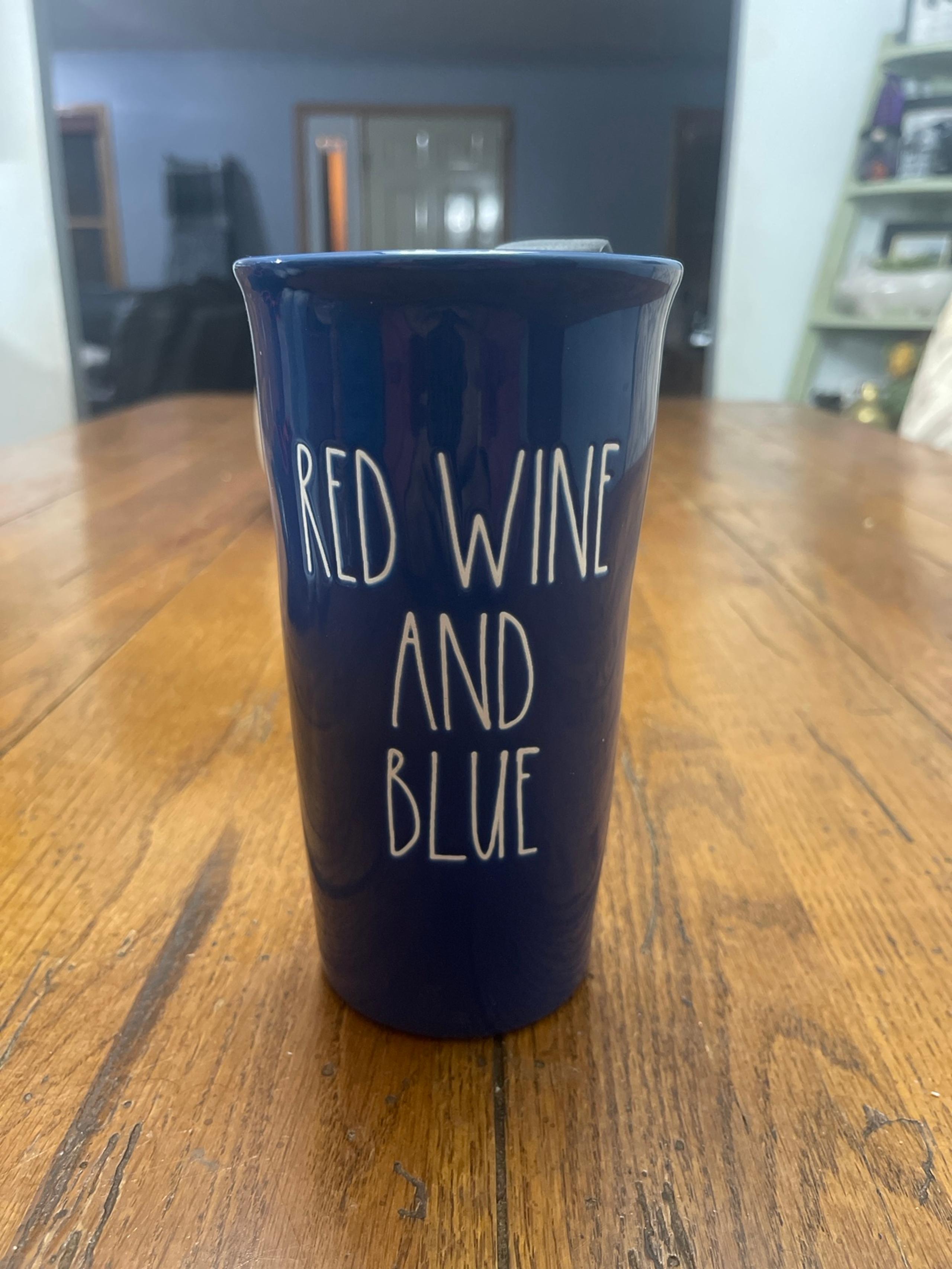 Rae Dunn Red Wine and Blue travel coffee mug cup NEW