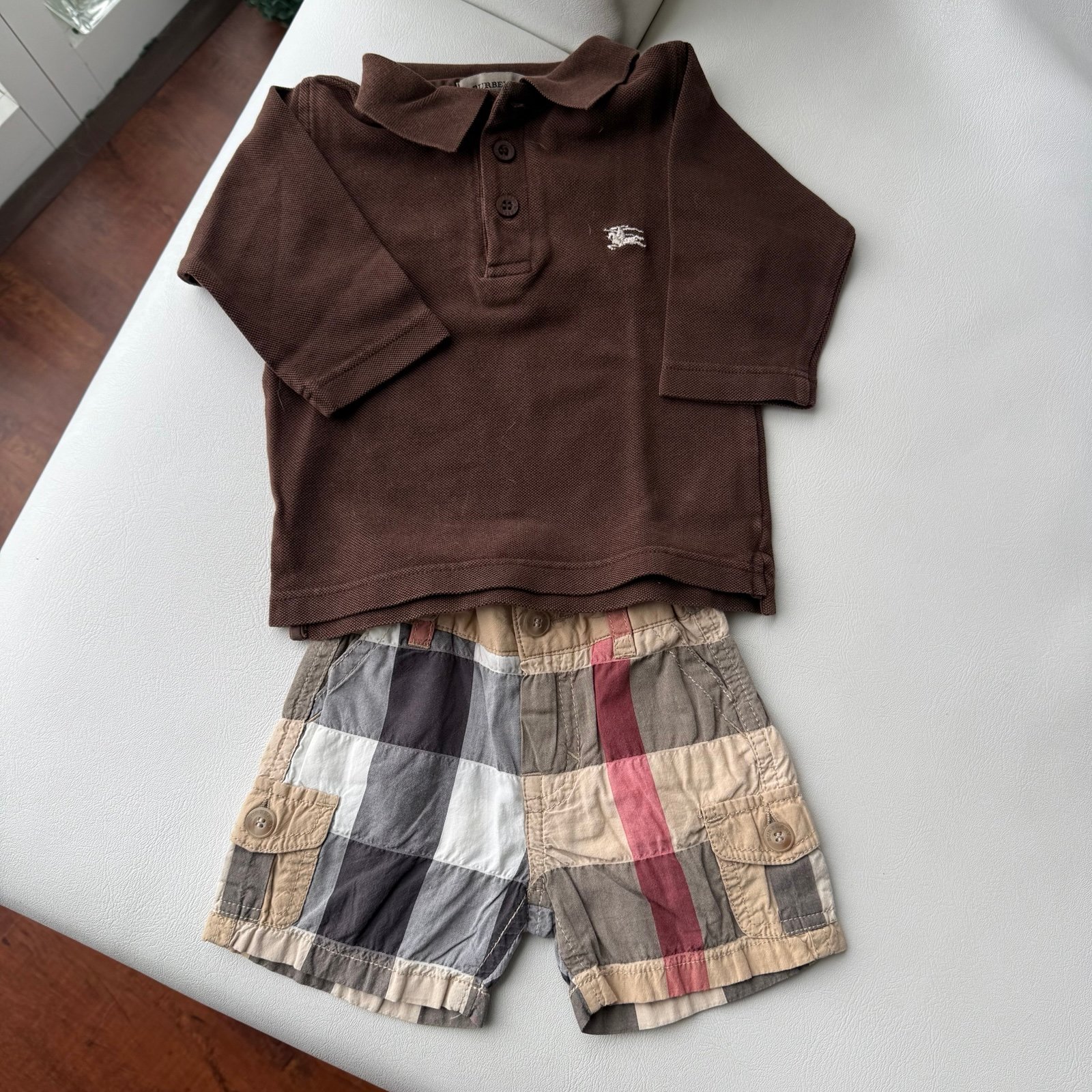 Baby kid polo shirt long sleeves + short elastic belt 1/3 months Burberry beige