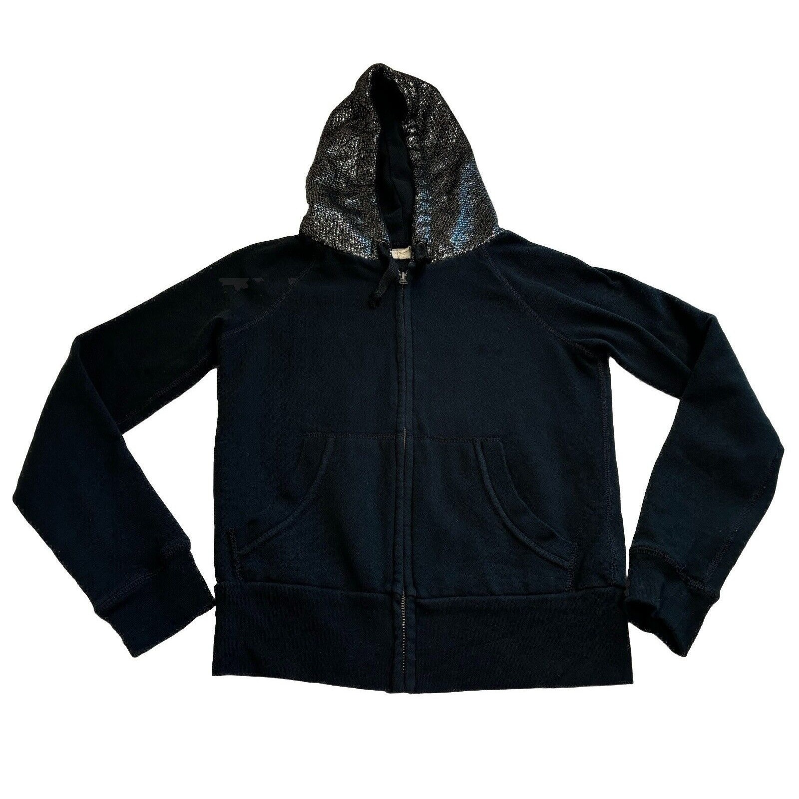 VTG Denim & Supply Ralph Lauren Sz S Black Sequin Hooded Zip Up Sweater Y2K 00’s