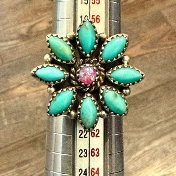 Southwest Kingman Turquoise & Opal Sterling Silver Adjustable Flower Ring New