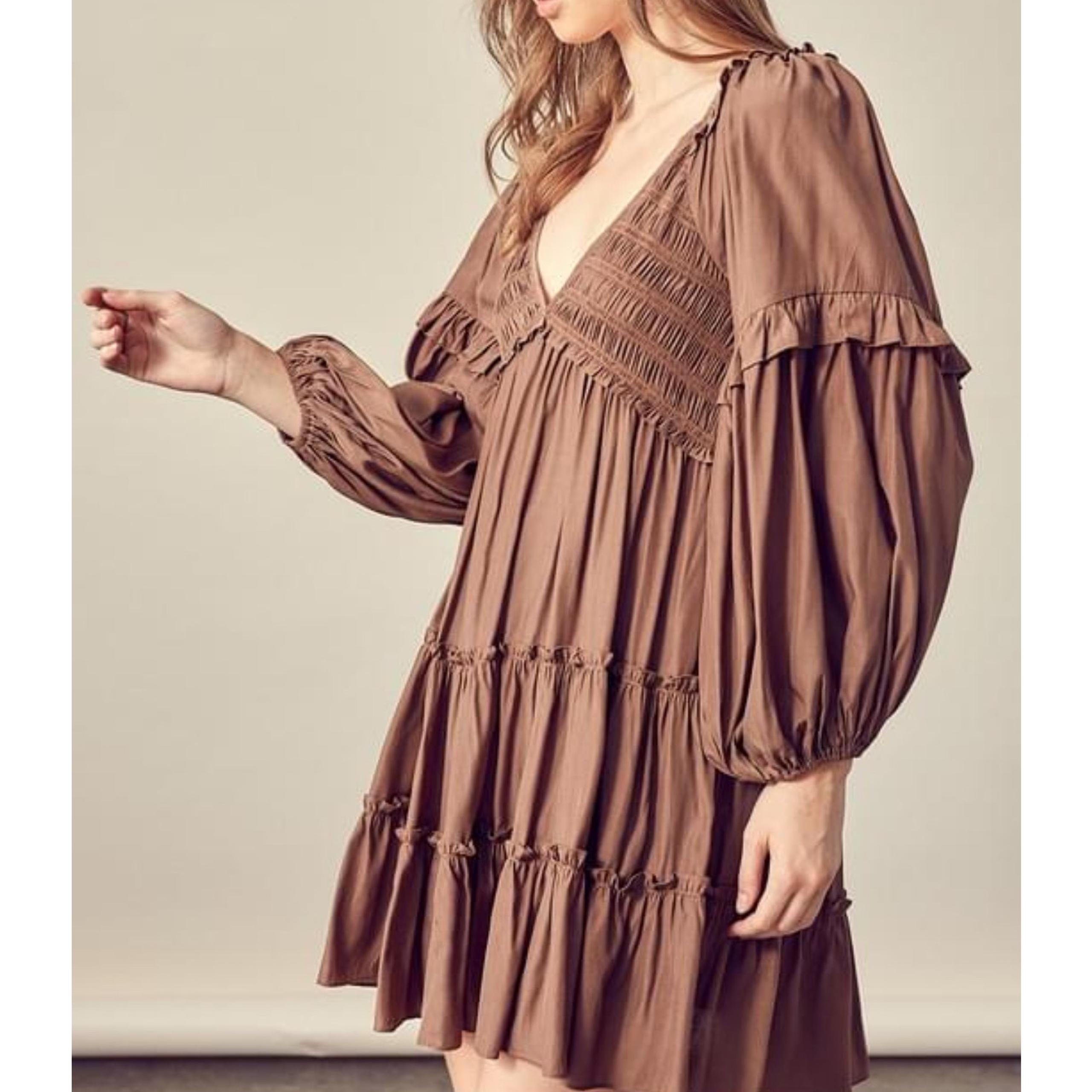 Women's Mustard Seed V-Neck Tiered Dress BoHo tiered Ballon sleeve SM Festival