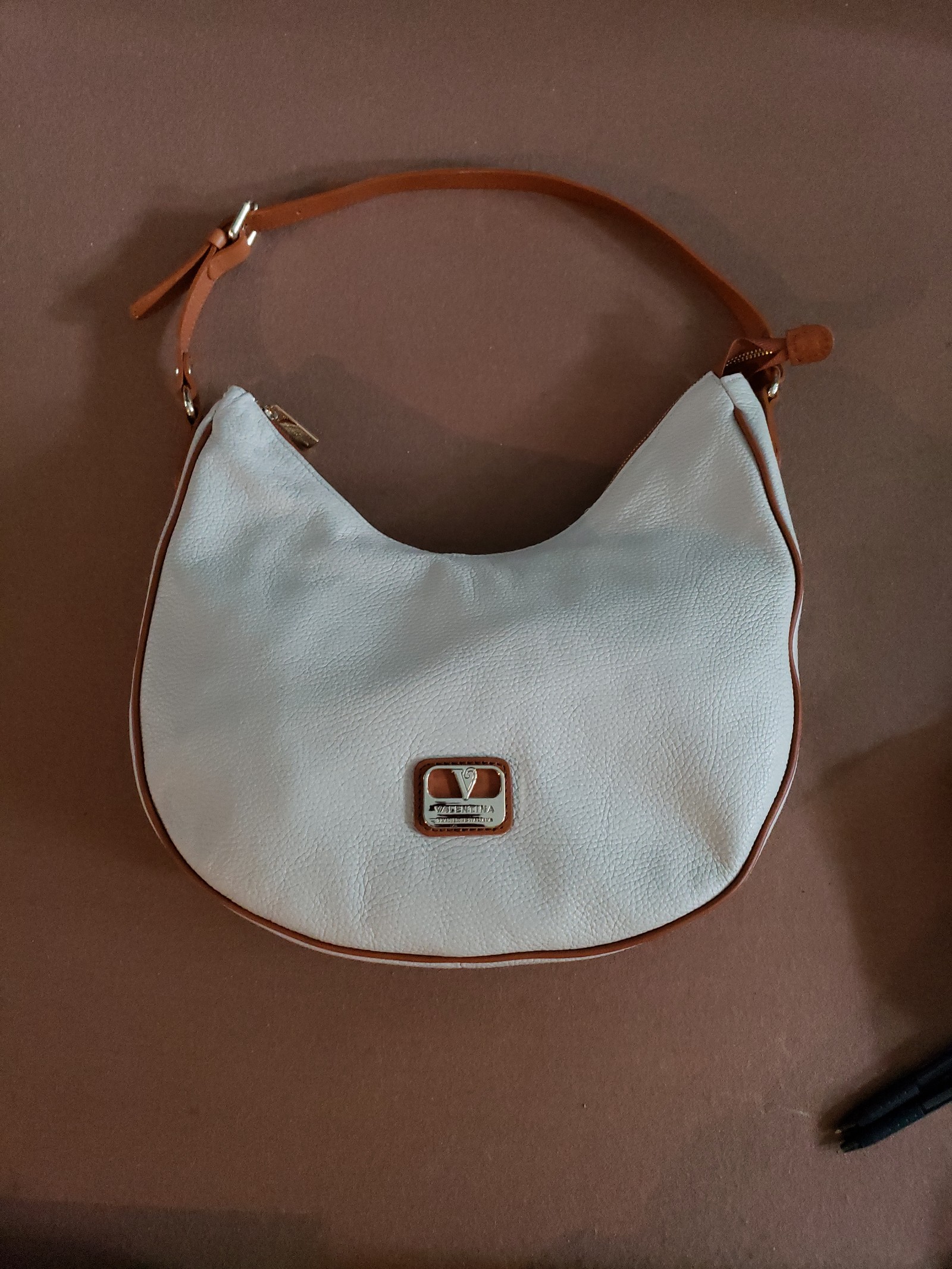 Valentina Italian White pebbled leather vachetta trimmed Hobo purse.,