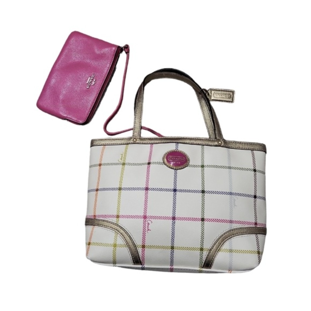 EUC COACH Peyton Small Tattersall Plaid Tote F48586 Coated Canvas w/ wallet set