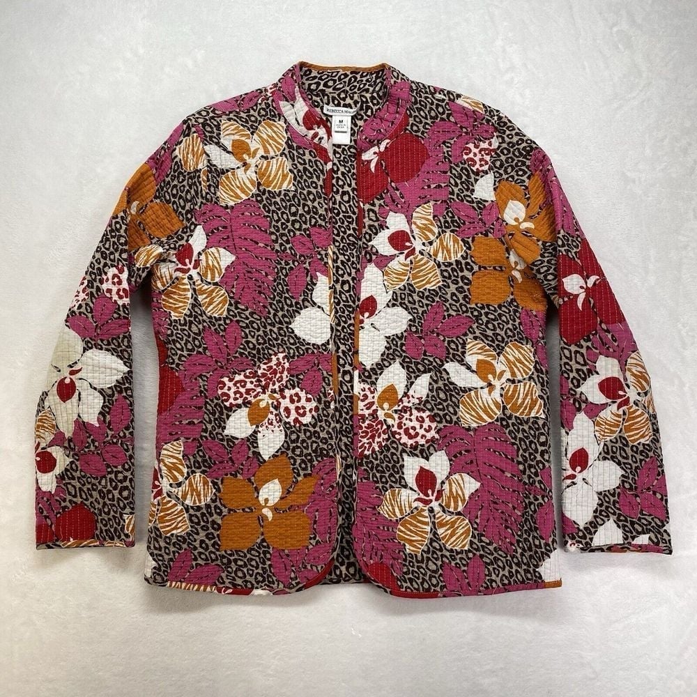 Rebecca Malone Reversible Floral Cheetah Print Lightweight Cotton Zip Jacket M