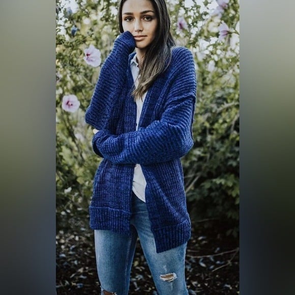 Free People High Hopes Chunky Knit Open Front Cardigan in Blue Combo Size Large