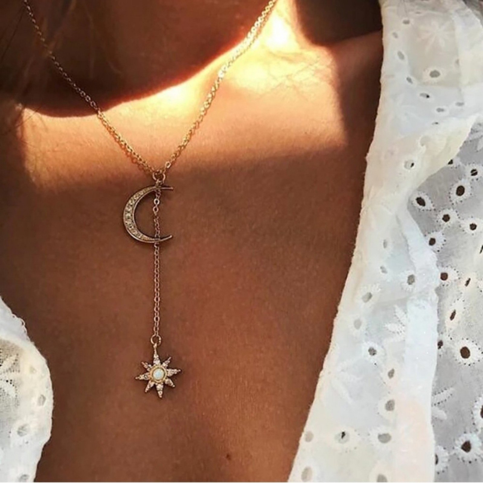 Free People Crystal Moon & Star Necklace Gold