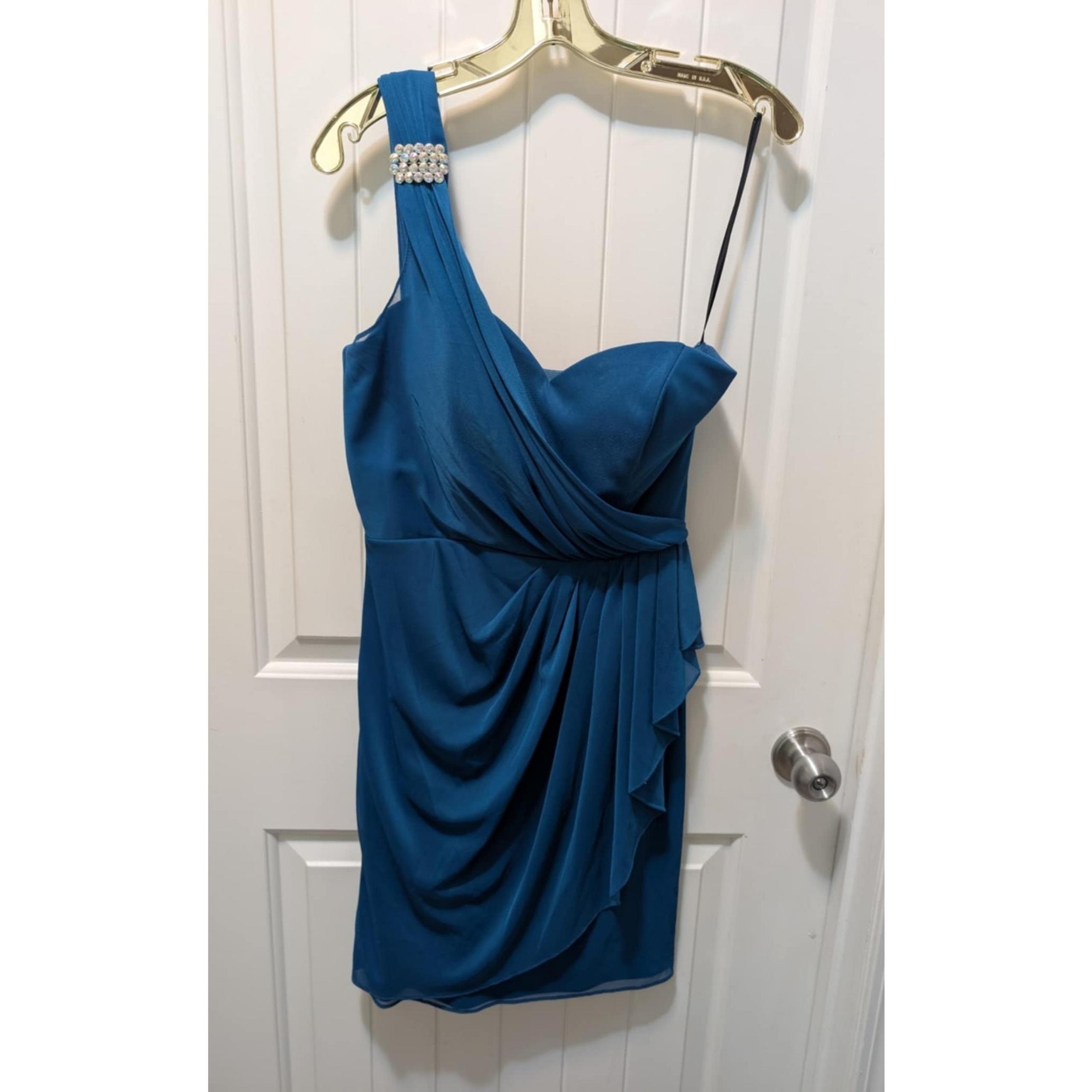 Blondie Nites Blue Pearled One Shoulder Semi Formal Prom Homecoming Dress Sz. 7