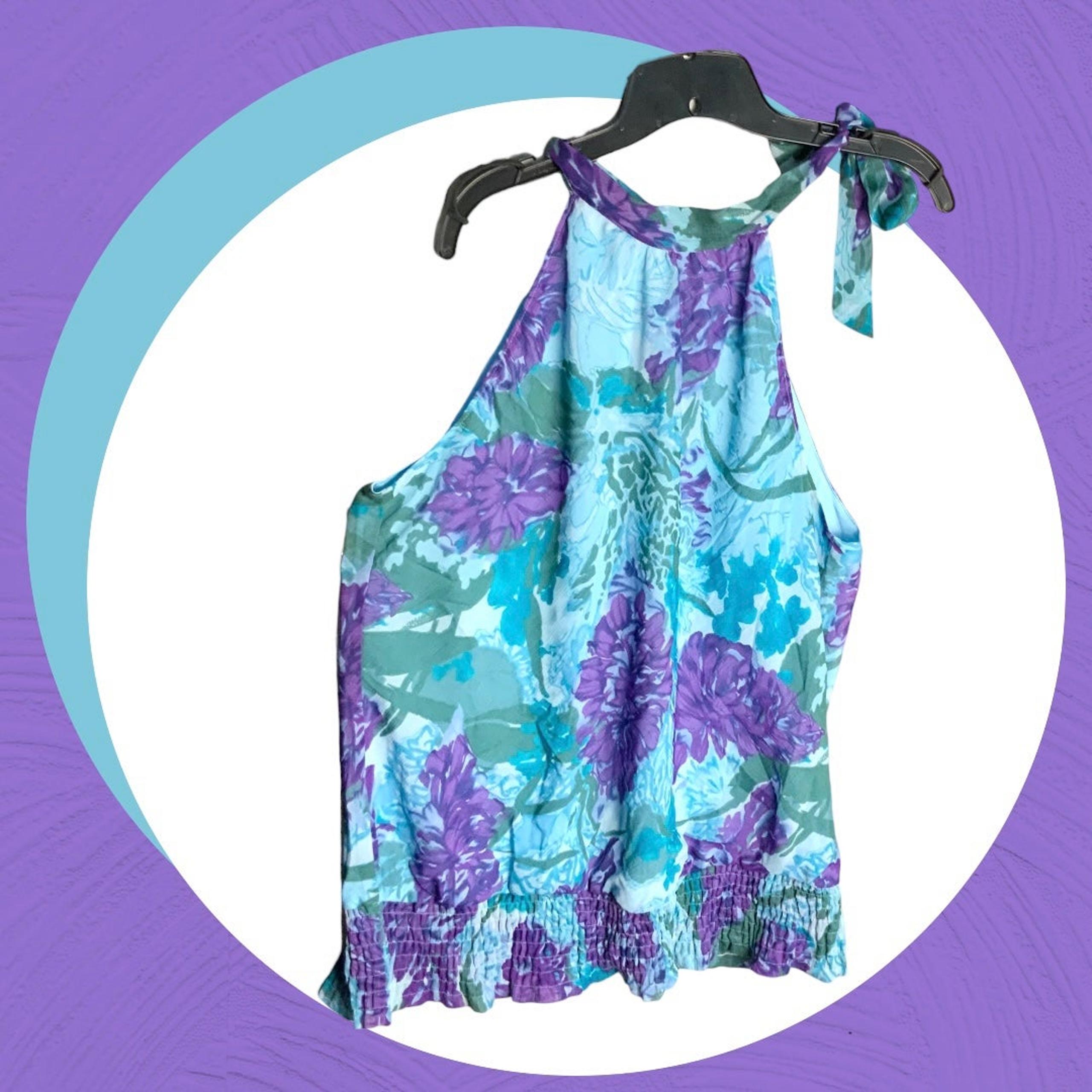 New w Partial Tag Blue, Green, Purple Floral Lined Halter Top Wm XL