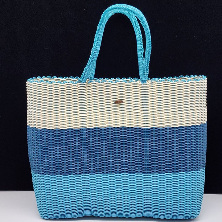 Handwoven Scala Beach/Market Tote Bag Blue Beige & White Large Plastic Woven