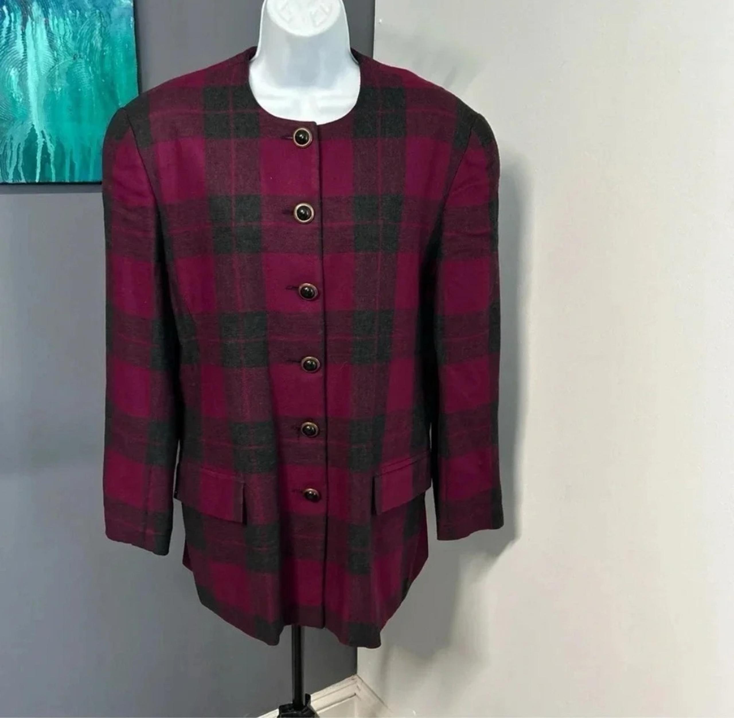 Adolfo Women’s 10 Vintage Plaid Tartan Wool Blend 6 Button Blazer Jacket Career