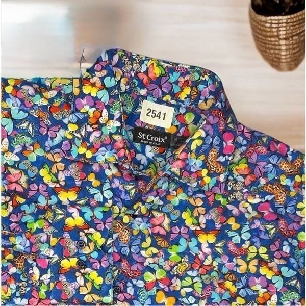 St. Croix Shirt Mens Medium Bold & Colorfull Cotton Button Up Butterfly Italy