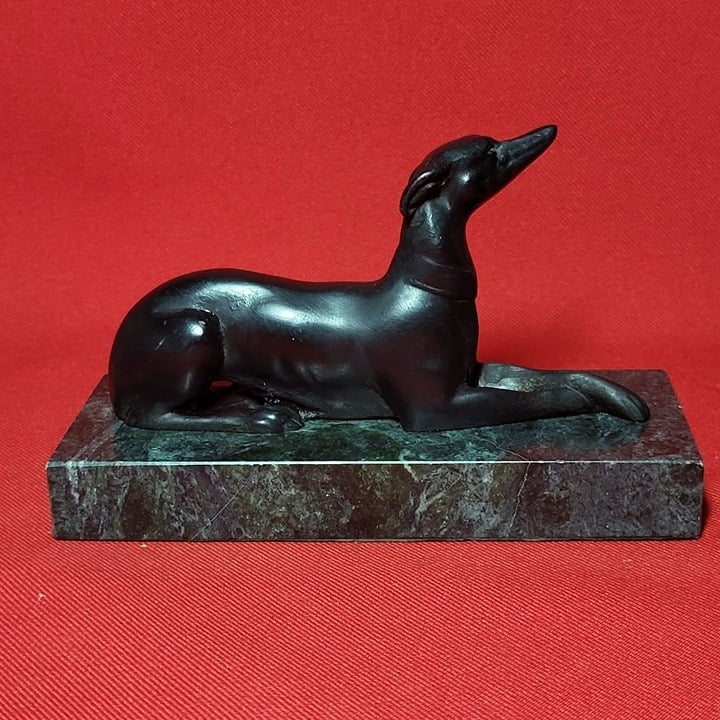 Vintage Black Greyhound Statue Cast Metal Marble Base Decor