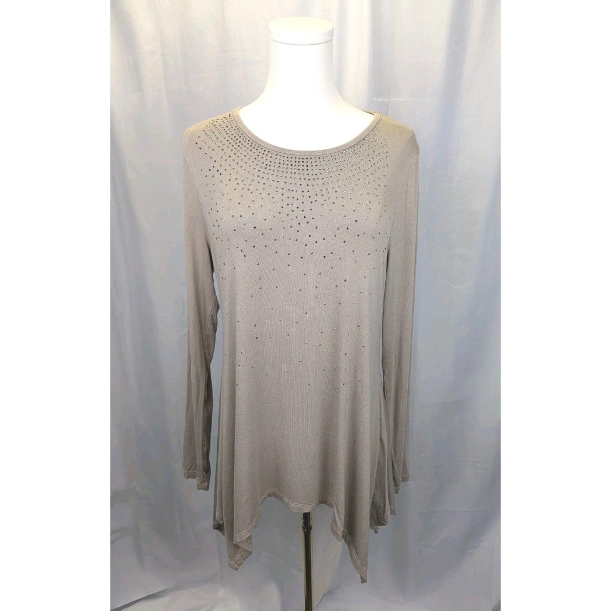 VOCAL Top Womens M Y2K Studded Tunic Embellished Assymetrical Tan Bling Grunge