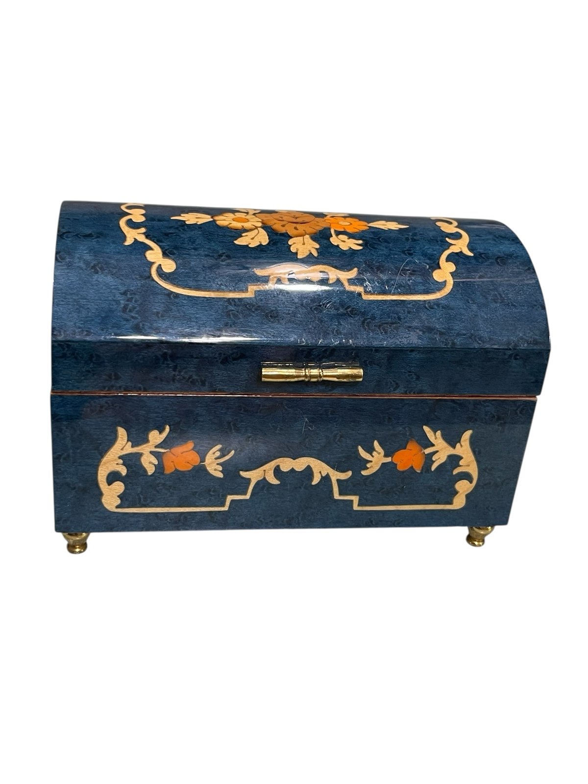 San Francisco Music Box Co Italy Inlaid Wood Blue Floral Jewelry Music Box