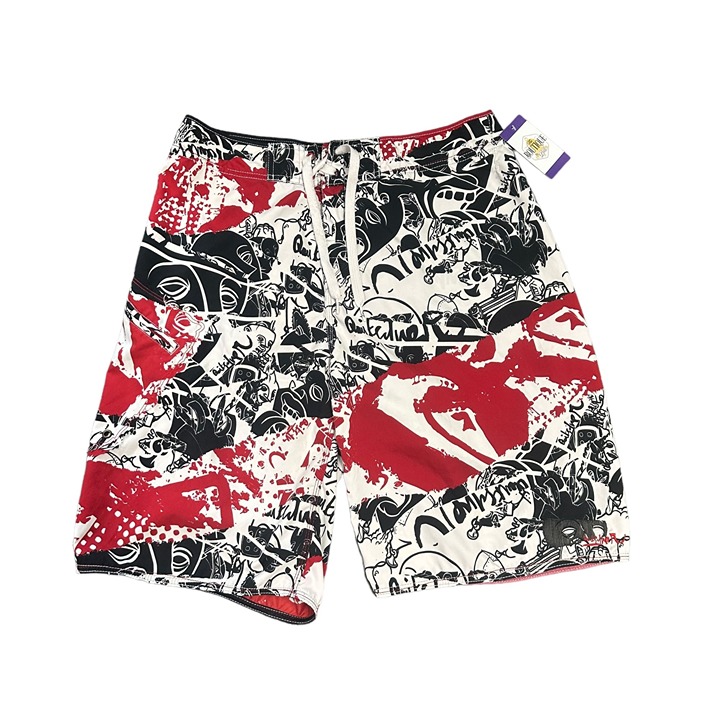 Vintage Mens L Quicksilver Board Shorts Red Graffiti Faces Y2K Surf Pockets Key