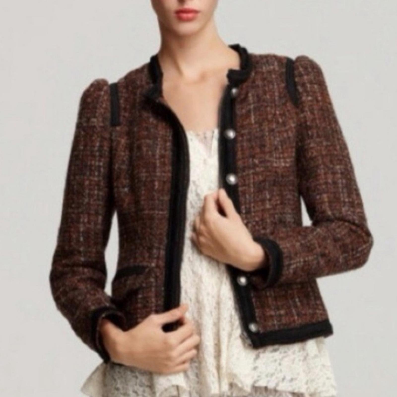 Free People Tweed Moto Jacket, Wool Brown/Purple w/Black Trim Size 4 Retail 198