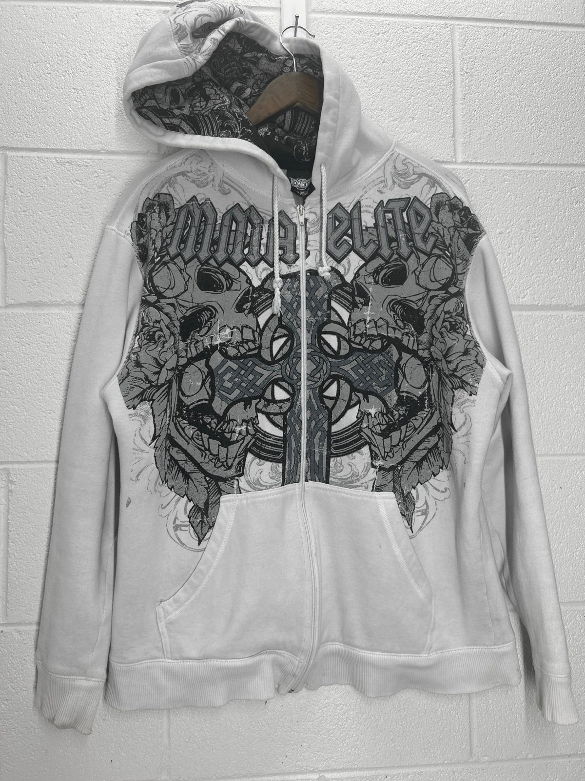 Grunge Y2K MMA Elite White Skull Baggy Zip-Up Hoodie