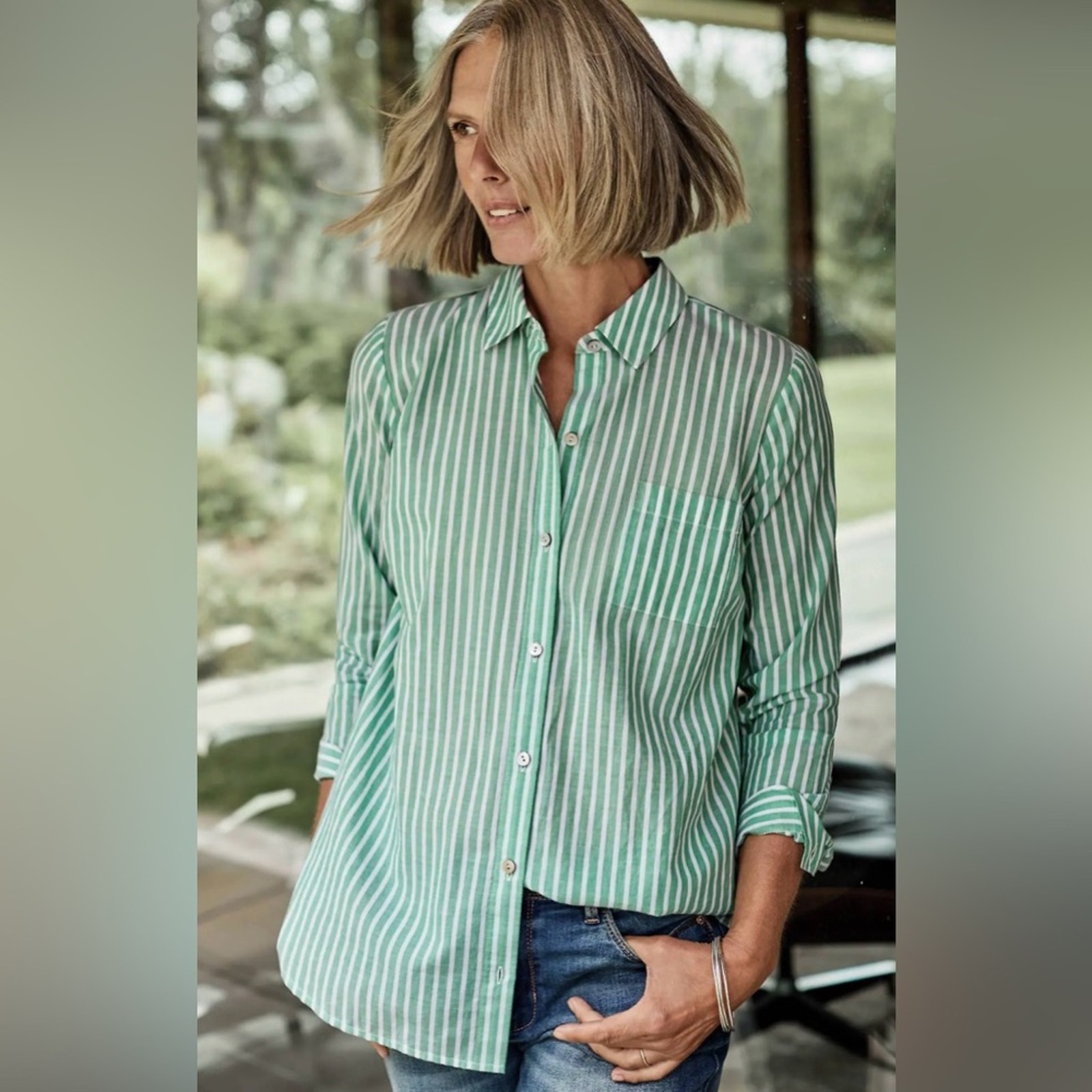 J.Jill One-pocket 100% Cotton Shirt In Sweet Grass & White Size L Casual Classic
