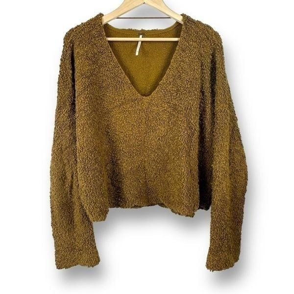Free People Women's L Popcorn Pullover Sweater V-Neck Moss Brown Gold Cropped
