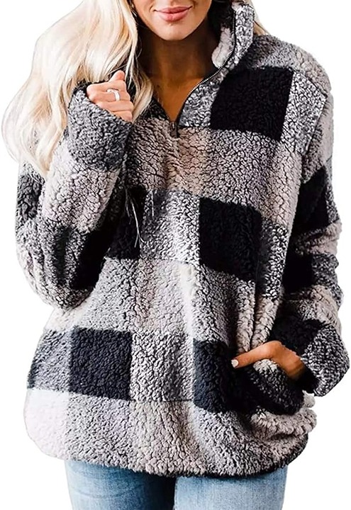 Women's Long Sleeve Plaid Pullover Jacket Quarter Zip Sherpa Sweatshirt
