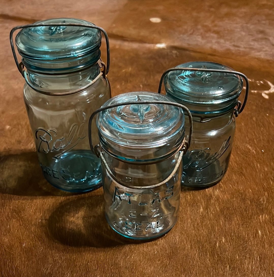 Set of 2 Vintage Ball Blue Glass and one Atlas Canning Jar