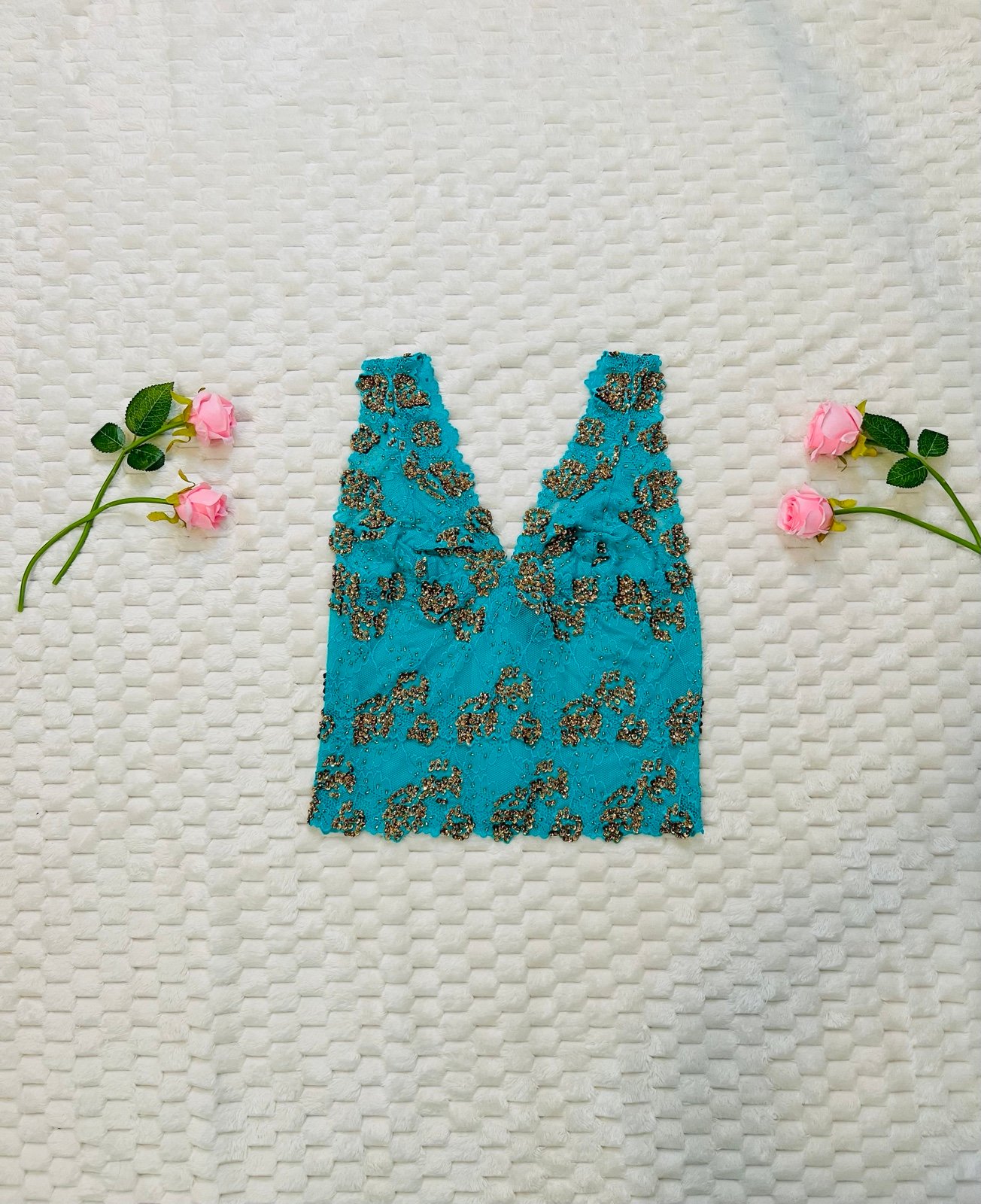 Deadstock Y2K Turquoise Beaded Sequin Lace Top