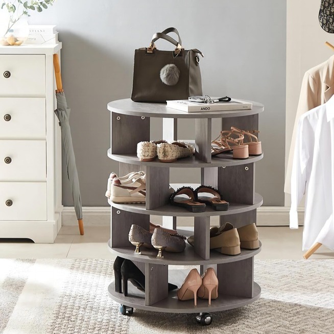 Round pushable wooden shoe cabinet on wheels for 16-20 pairs of shoes