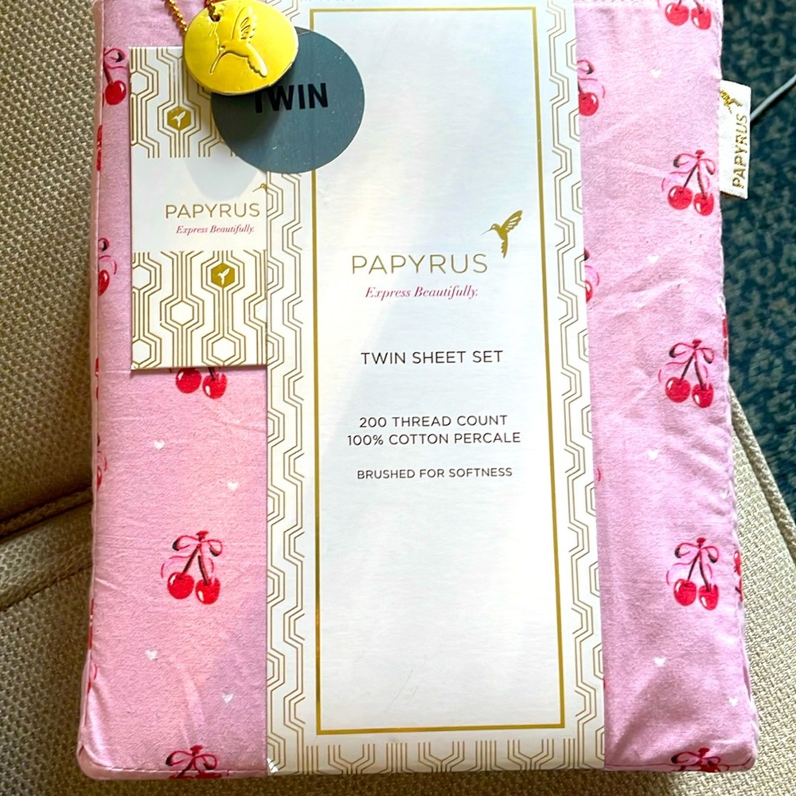 Papyrus Pink Cherries Cotton Percale Sheet Set - twin set 200 thread