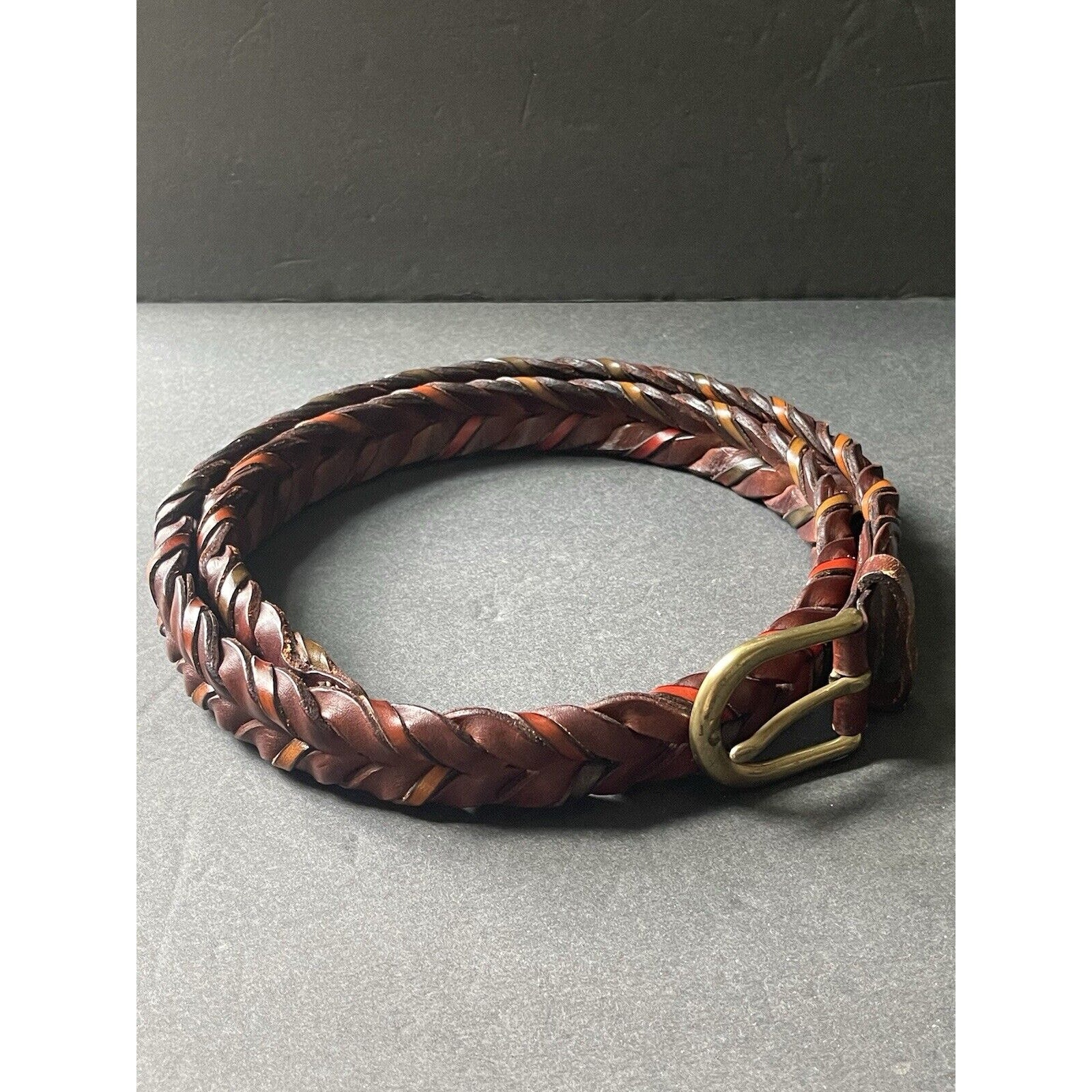 Handcrafted Mens Size 38 Braided Leather Belt Brown Green Solid Brass Buckle