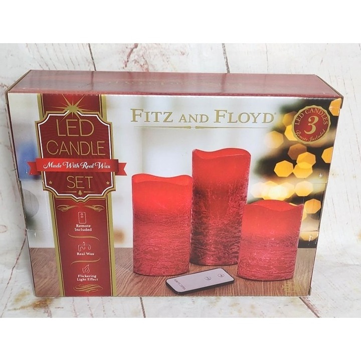 Festive Fitz and Floyd LED Candle Set - Real Wax Remote Control Flickering Light