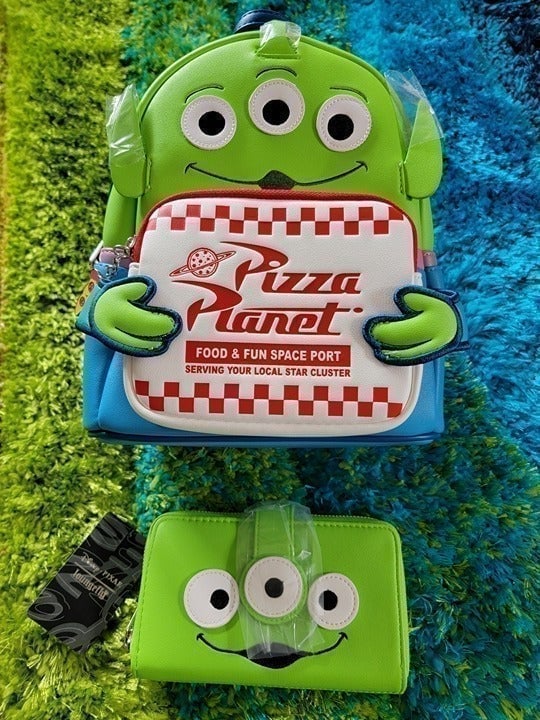 Loungefly Disney Pixar Toy Story Alien Pizza Planet Backpack & Wallet -Brand New