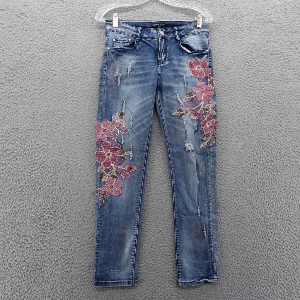 Boston Proper Floral Applique Slim Leg Jeans 2 Blue Womens Mid Rise Distressed